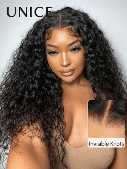 UNice Wigs Bye Bye Knots 7x5 Inch Pre Cut Lace Invisible Knots Wig Human Hair Pre Plucked Wear Go Glueless Wig Water Wave Lace Front Wig For Women Unice Hair