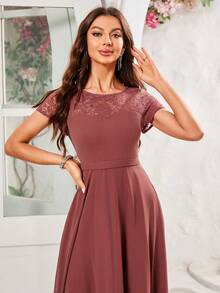 UNITHORSE Lace Patchwork Chiffon Dress With Flared Hem - Redwood - View 8