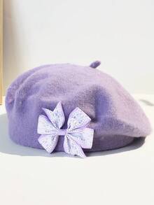 1 件女士彩色蝴蝶结花朵羊毛纯色贝雷帽，休闲百搭