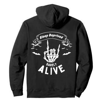 Sleep Deprived Barely Alive Funny Skeleton Halloween (BACK) Pullover Hoodie Pullover Hoodie Funny Women'S Plus-Size Hoodies, Women'S Outdoor Hoodies, Pullovers, And Women'S Sweatshirts