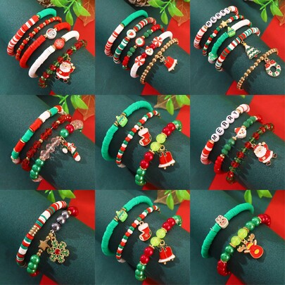 Mehrteilliges europäisches und amerikanisches Weihnachts-Armband-Set in Lagen, Damen-Armband, zufällige rote und grüne Perlen, Buchstaben, Weihnachtsmann, Schneeflocke, Rentier Elastikbänder, geeignet für Feiertagsgedenken, Geschenk für Familie, Freunde, Paare, unisex, Neujahrgeschenk