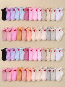 10 Pairs Random Colors Baby Girls Ruffle Socks With Love Heart Design, Infant Toddler Frilly Dress Ankle Socks With Heart Design, Baby Essentials Soft & Breathable Crew Socks, Cute Princess Socks For Newborn, Suitable For Casual & Family Outdoor Holiday Travel Wear, Halloween Decor Christmas Xmas Gift - Multicolor - View 2