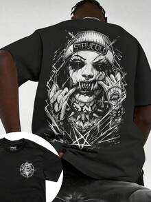 1 PCS Occult - Faced Street Sacrifice: The Black Tee's Back Features A Fanged Ghoul Wearing A "STAYCOLD" Beanie, Intertwined With Hand Signs, Pentagrams, And Chains, Spring/Summer/Fall Men Clothes, Regular Fit Shirt, Halloween Festival, Men's Round Neck Printed Short Sleeve Casual Everyday T-Shirt, They Are Excellent Gifts For Friends And Family, 180g 100% Cotton T-Shirts Feature, A Youthful And Fashionable Design, Graphic Tees Men, Graphic Tees Women, Back To School Shirt, College Essential - 黑色 - 查看 1