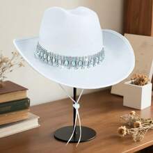 Shiny Rhinestone Cowgirl Hat For Women Solid Color Wide Brim Western Cap With Windproof Rope - White - View 4