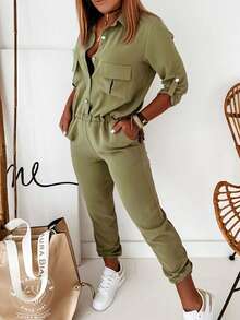 UREREM Olive Green Turndown Collar Utility Pockets Cinched Waist Cuffed Casual Jumpsuit, Woven Fabric 170G - Olive Green - View 3