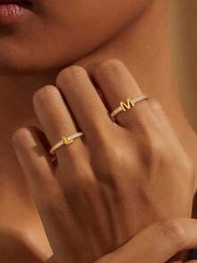 1枚A-Z字母钻石半圆开口戒指，女士个性化银戒指，精致珠宝，生日礼物 - 鑲鑽字母開口戒指 - 查看 3