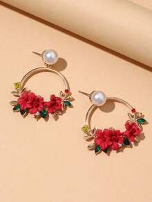 Rhinestone & Flower Decor Circle Drop Earrings - Red - View 5