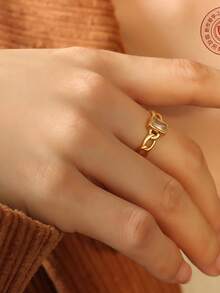 Anillo de acero inoxidable con cadena cubana asimétrica de doble capa, chapado en oro de 18K, con piedra de circonita cúbica cuadrada, para fiestas y uso diario, ajustable