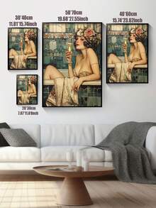 1 pièce Chic Impression sur canevas d'une dame des années 1920 dans une baignoire avec du champagne, parfait pour la décoration de la salle de bain, du salon, de la chambre, du café, du bureau - Idée de cadeau pour une fashionista, Matériau : canevas, Sans cadre.