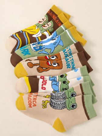 5 Pairs Of Cute Autumn And Winter Children's Socks, Featuring Shark Cartoon Animation, Breathable And Sweat-Absorbent, Mid-Calf Socks For Boys