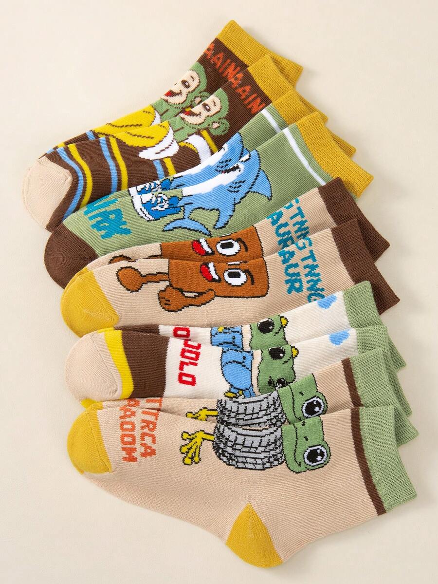 5 Pairs Cute Cartoon Shark & Monkey Print Children's Socks, Breathable & Moisture-Wicking, Mid-Calf Length, Suitable For Everyday Wear