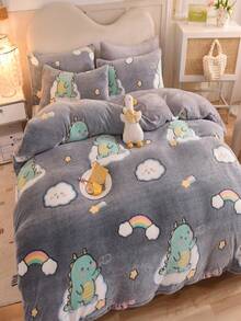 1 件可爱小恐龙雪花法兰绒羽绒被套，1*羽绒被套，无填充，亲肤，柔软舒适，可爱简约 - 深灰色 - 查看 2