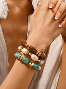 3pcs/Set Gelang Manik-Manik Akrilik Tebal Berlapis-lapis Gaya Bohemian Vintage untuk Wanita - Set BD multiwarna - View 6