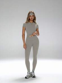 FWH Figure-Flattering,Versatile Wear,Tummy Control & Leg-Lengthening Effect ,Ideal For Yoga, Workouts Or Casual Outfits,Women's Yoga Outfit Set,High Waisted Workout Pants Set,Slimming Activewear 2 Piece,Tummy Control Yoga Clothes,Lim-Fit Round Neck Tee & High-Waisted Yoga Pants,Women's Fashion Essential 2-Piece Set