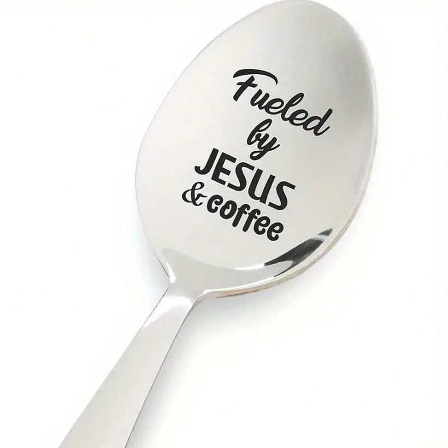 Cuchara grabada de acero inoxidable - Impulsado por Jesús y el café - Regalos únicos para amantes del café para Navidad - Plateado - Ver 1