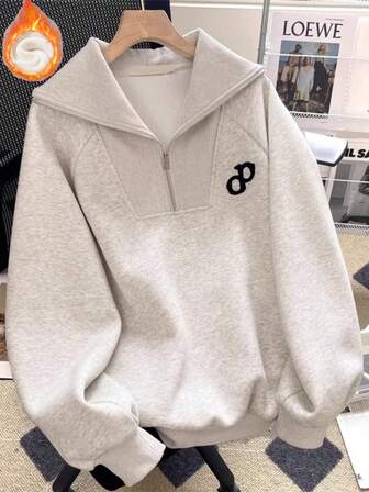 Damtröja med krage, termofodrad halv dragkedja och bokstavsbroderi, höst