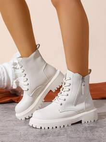 女士踝靴，系带弹力踝靴，粗跟圆头，保暖内衬，复古时尚修身靴，秋季款 - 米色 - 查看 2