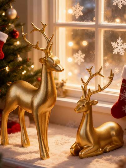 1pc Golden Christmas Reindeer Decorations Set - Exquisite Resin Deer Figurines Ornaments For Home Tabletop & Mantelpiece, Festive Seasonal Decor With Intricate Crafted Details, Elegant Gold - Finish Reindeer Statues As Must - Have Xmas Gifts, Holiday Interior Accents To Create Warm & Charming Festive Atmosphere For Christmas Party, Living Room & Bedroom Decor