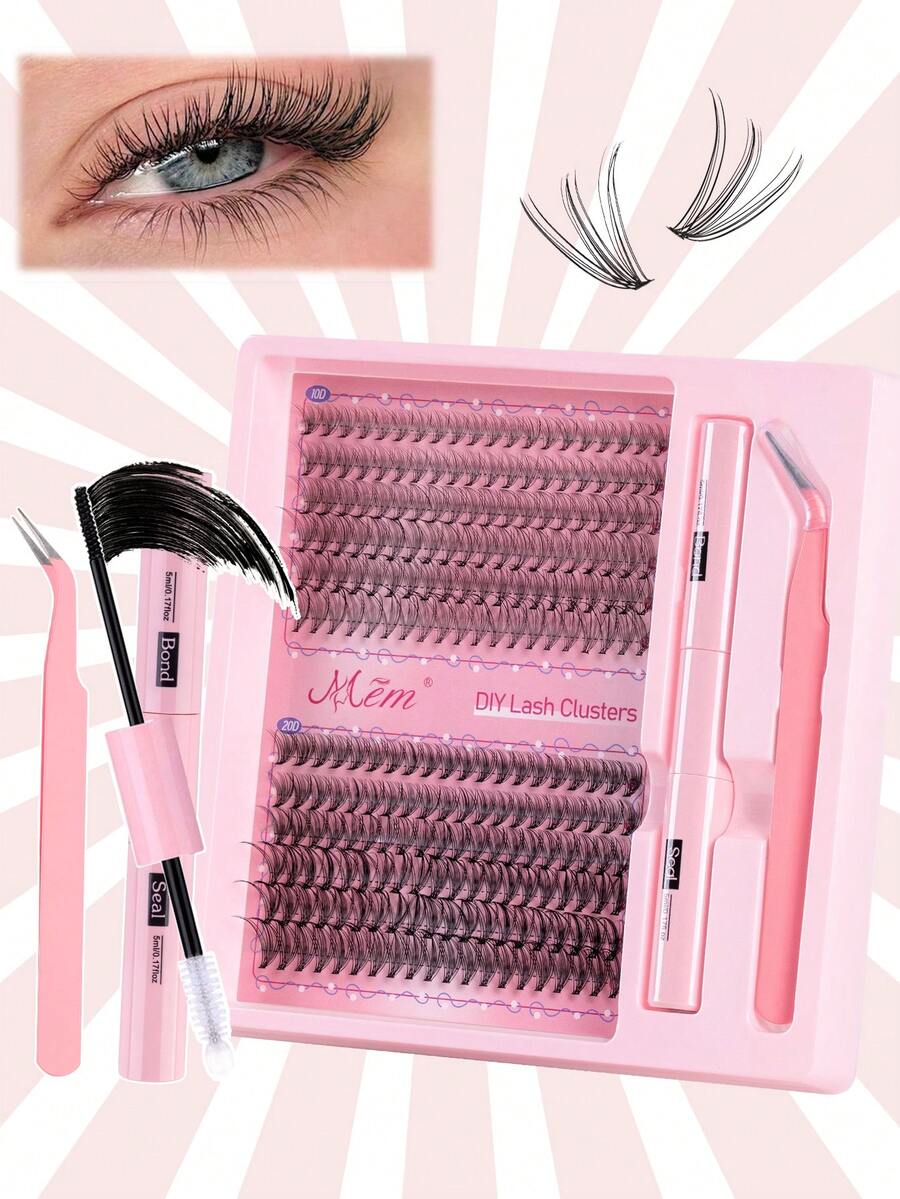 240pcs Individual D-Curl Cluster False Eyelashes, Includes Glue And Sealer, Soft Sponge Texture, Dense And Fine For Enlarged Eye Effect, Mixed 40D+50D+60D/60D+80D+100D, 10-16mm Mixed Length, Suitable For Daily, Wedding, Party And Travel Makeup - 黑色 - 查看 1