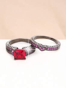 2pcs Copper Material Black Zirconia Heart Shaped Ring Set - Hot Pink - View 2