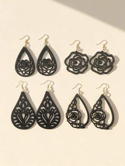 4 Pairs/Set Bohemian Multicolor Floral Hollow Earrings Set - Fashionable Teardrop And Rose Pendant Dangle Earrings, Suitable For Women Fashion Jewelry