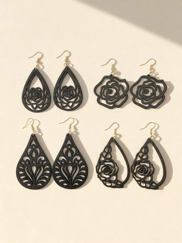 4 أزواج/مجموعة من أقراط زهرية متعددة الألوان بتصميم مفرغ - أقراط قلادة قطرة الماء والوردة، مناسبة كمجوهرات أزياء للنساء