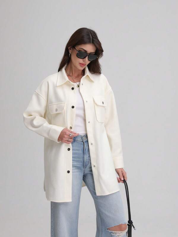 Women's Winter Thanksgiving Minimalist Casual Commute Daily Wear Cream Wool-Blend Shirt Jacket