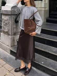 女士优雅中长直筒半身裙，撞色蕾丝细节，无弹力涤纶面料