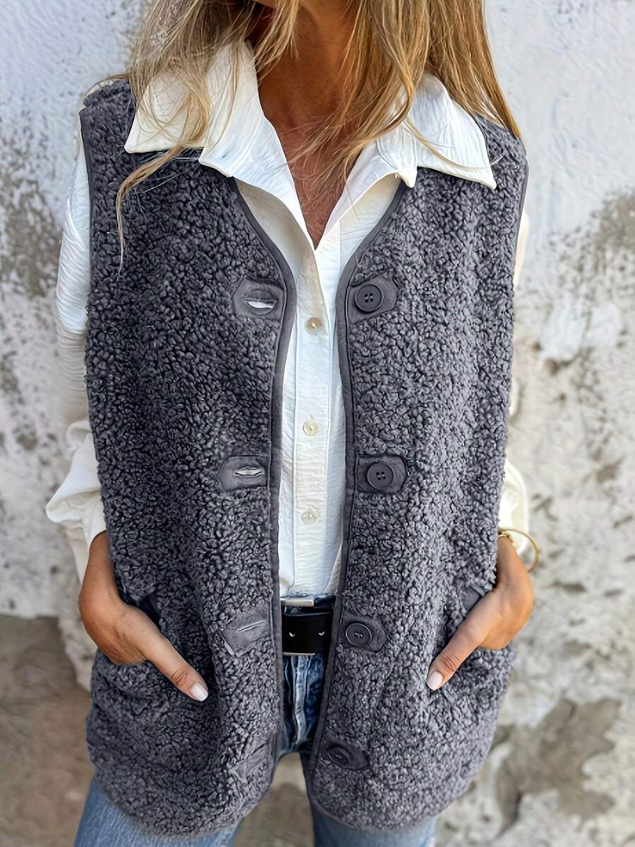 Áo khoác vest thanh lịch, giản dị, cỡ lớn dành cho nữ, có nút và túi phía trước, phù hợp cho việc đi lại hàng ngày - Xám - Xem 1