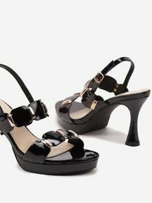 Patent Leather Stiletto Sandals With Geometric Straps - Black - View 6