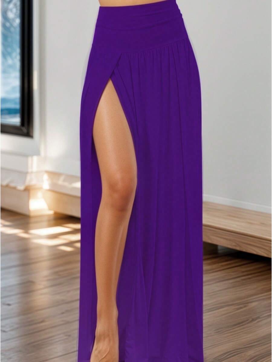 Falda Larga con la Parte Superior Ajustada y Abertura Pierna para Mujer - Morado - Ver 1