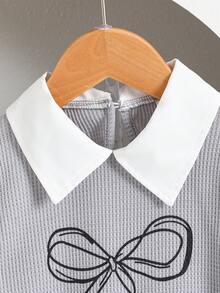 2pcs Girls Butterfly Decor & Print Bow Collar Long Sleeve Top + Pleated Skirt Set, Spring/Autumn