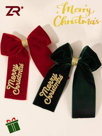 2개 크리스마스 정교한 벨벳 헤어 나비매듭 클립, 테일 앨리게이터 클립, 레드 헤어 클립, 그린 헤어 나비매듭, 축제 보우노트 바레트, 여성 헤어 액세서리, 메리 크리스마스