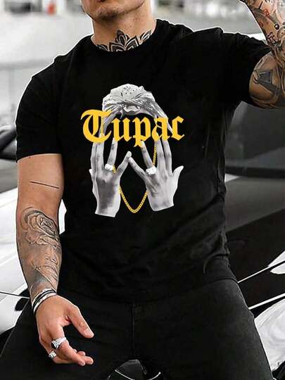 Camiseta de hombre con estampado abstracto de bandana y mano, de manga corta, moderna y actual, adecuada para uso diario informal.