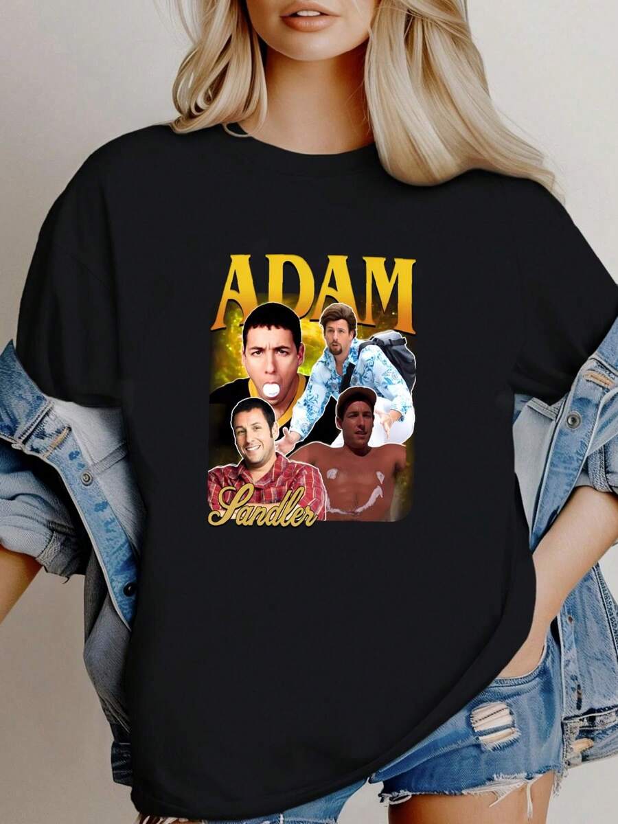 180g pure Cotton Retro Adam Sandler Shirt Adam Sandler Tshirt Adam Sandler T fashion streetwear designer clothes Stylish Summer Print Round Neck Short Sleeve Stretched Breathable Soft T-Shirt For Women Casual Casual female Top For Everyday Wear Versatile - Blanco - Ver 1