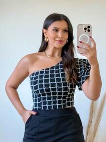 Cropped One Shoulder Mula Manca Women's Top With Ruffles Blouse One Sleeve Luxury Basic Spring Summer - 彩色 - 查看 1