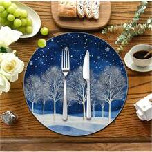 4/6/8 pièces Sets de table de Noël - Série bleue d'hiver de Noël, sapin de Noël, couronne, Père Noël, motif floral, sets de table, lavage à la main uniquement, décoration de table à dîner ronde d'hiver, décoration de cuisine et de salle à manger pour fête - 36 cm