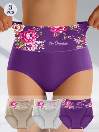 3pcs Women High Waist Briefs, Tummy Control & Lift, Romantic Floral Print, Comfortable & Breathable