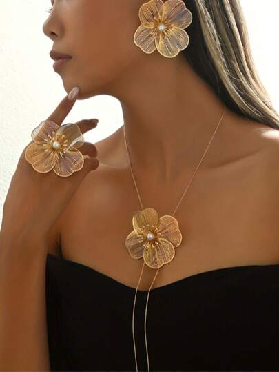 1 conjunto novo, exclusivo, exagerado, francês, retrô, brincos de pérola vazada, anel, colar, conjunto de joias, adequado para uso diário feminino, deslocamento diário, ocasiões de festa