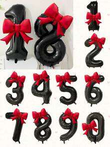 2 Stücke matte rote Schleifen Ballons Set, 40 Zoll schwarze 0-9 Zahlenballons geeignet für Geburtstagsfeiern, Jahrestags-Dekoration