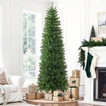 SHARECONN 4/5/6/7/7.5ft Prelit Artificial Hinged Slim Pencil Christmas Tree With Warm White Lights, Full Branch Tips, Good Choice Decoration For Xmas Holiday, 4 FT,5 FT,6 FT,7 FT,7.5 FT, Green