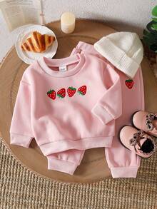 2 Stücke Baby Mädchen Erdbeere Stickerei Thermisch gefütterte Sweatshirt und Hose Set, süße Vintage Streetwear für Outdoor-Aktivitäten