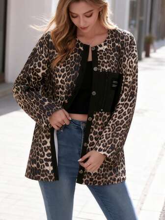 Chaqueta marrón con estampado de leopardo, estilo casual de calle, nuevo look de invierno para mujer