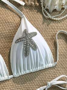 Set bikini tanga cu legături și spate fără bretele, mărime plus, costum de baie elegant și sexy cu model de stele de mare, material de înaltă elasticitate - alb - Vizualizare 4