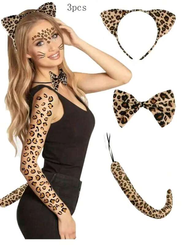 3 Leopard Print Costume Sets With Headbands, Bow Ties And Tails, Suitable For Various Festival Party Themes And Masquerade Role-Playing Decorations.