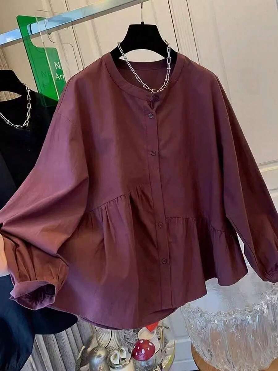 Asymmetric Pleated Patchwork Design Round Neck Button Long Sleeve Blouse Spring - Burgundy - View 1
