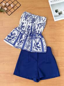 Women's Two Piece Set, Strapless Printed Top And Plain Shorts, Casual Summer Outfit - 藍色 - 查看 1