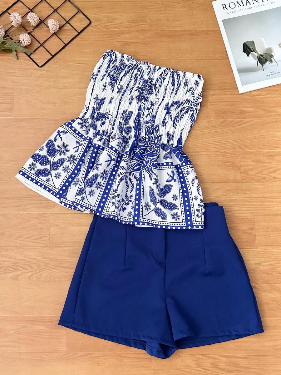 Women's Two Piece Set, Strapless Printed Top And Plain Shorts, Casual Summer Outfit - 藍色 - 查看 1