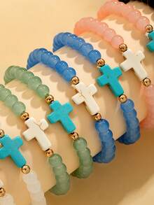 5/10pcs Colorful Glass Beaded Elastic Bracelet Set, Unisex DIY Multi-Layer Cross Bracelet, Suitable For Casual Daily Wear
