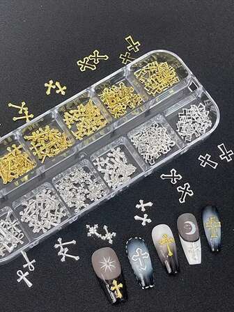 Pudełko 12 sztuk metalowych nitów w kształcie krzyżyka, złote i srebrne krzyże, różne style zdobienia paznokci w kształcie krzyżyka, metalowa biżuteria w kształcie krzyżyka, biżuteria do paznokci w stylu retro ze stopu metalu, ozdoba do paznokci w kształcie klipsa DIY, ozdoba do paznokci pasująca do różnych akcesoriów DIY